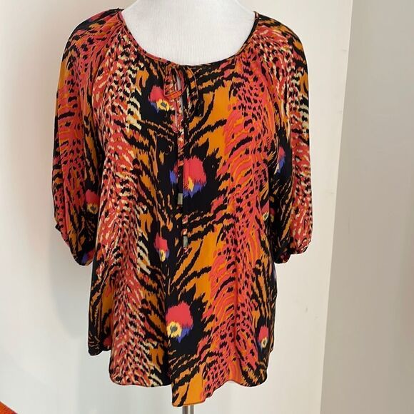 Bright animal print blouse with tie by K/G size Small - Picture 1 of 7